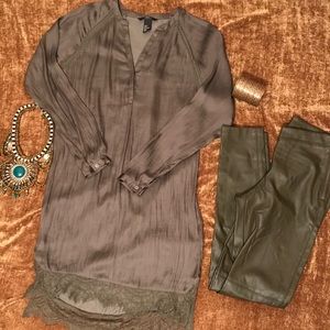 Olive Green Silk Tunic size 2 lace trim bottom